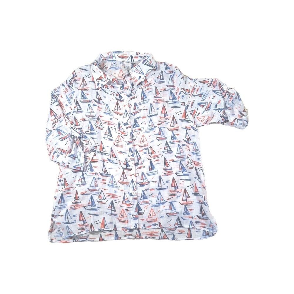Bon Worth Women Medium Nautical Sailboat Print 3/4 Sleeve Button Up Blouse Shirt
